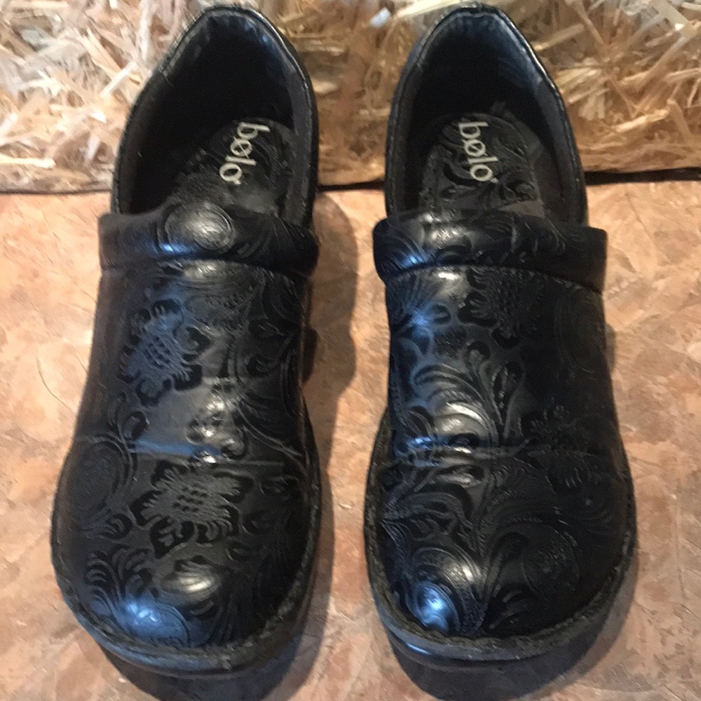 BOLO black paisley print slip on clogs